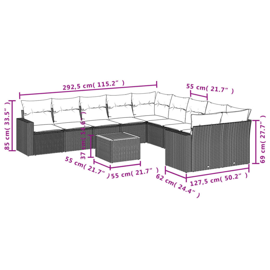 11-delige Loungeset met kussens poly rattan gemengd beige - Afbeelding 12