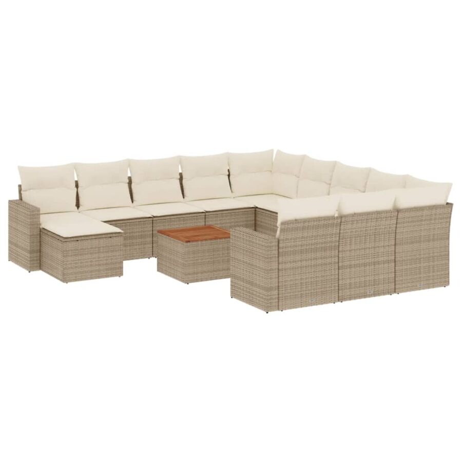 13-delige Loungeset met kussens poly rattan beige - Afbeelding 2