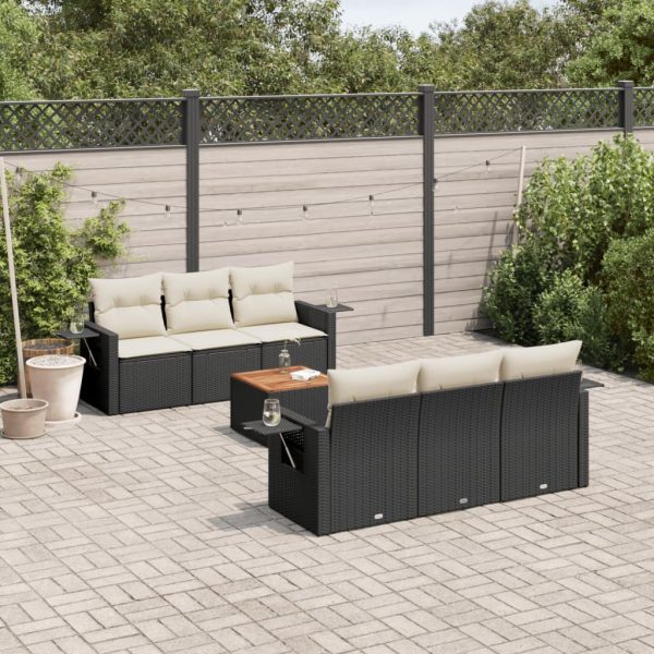7-delige Loungeset met kussens poly rattan zwart