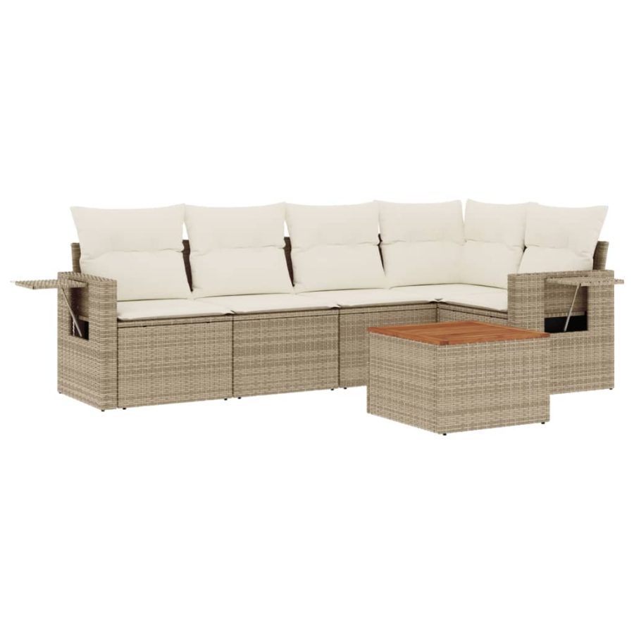 6-delige Loungeset met kussens poly rattan beige - Afbeelding 2