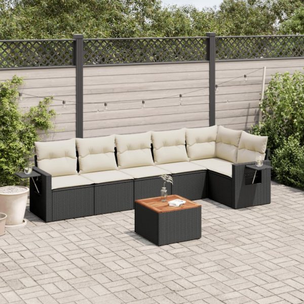 7-delige Loungeset met kussens poly rattan zwart