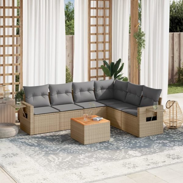 7-delige Loungeset met kussens poly rattan gemengd beige