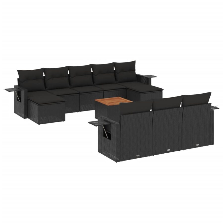 11-delige Loungeset met kussens poly rattan zwart - Afbeelding 2