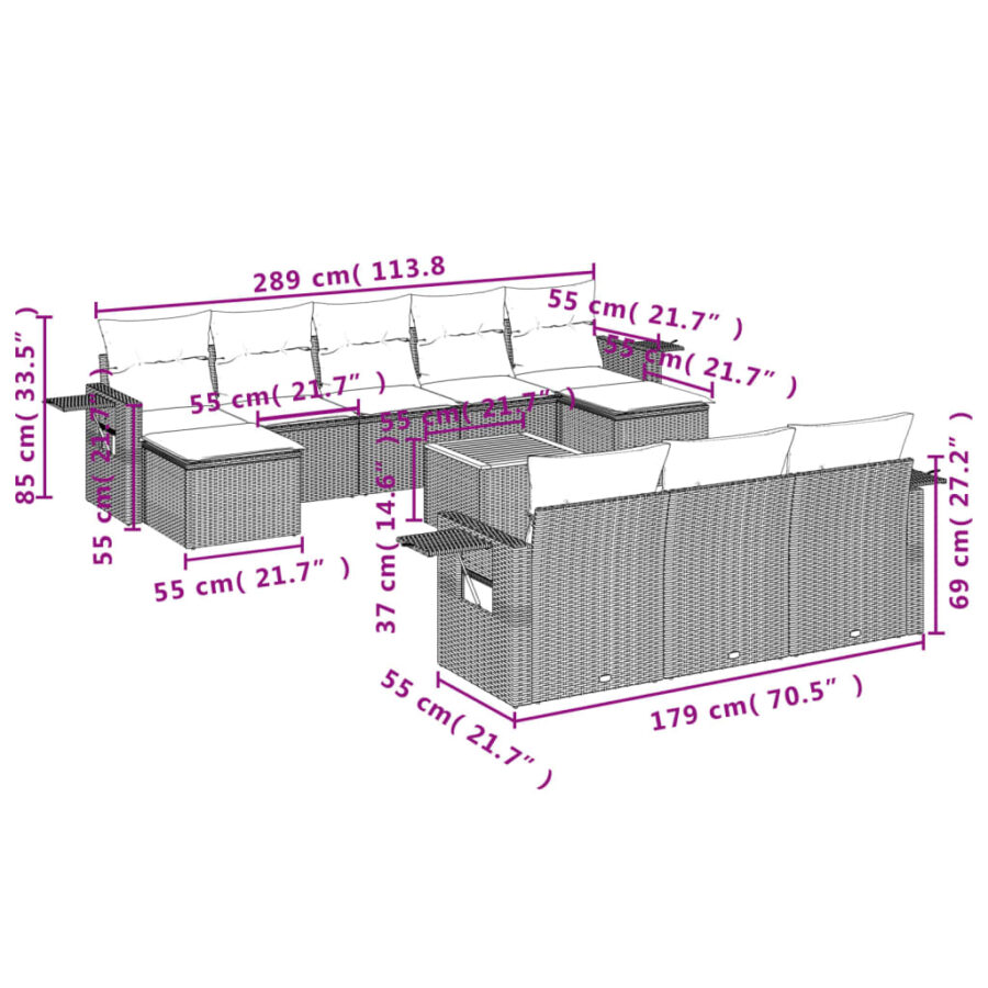 11-delige Loungeset met kussens poly rattan zwart - Afbeelding 3