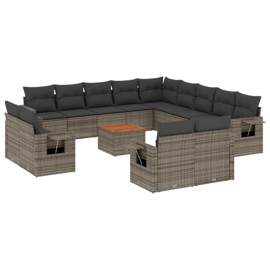 14-delige Loungeset met kussens poly rattan grijs - Afbeelding 2