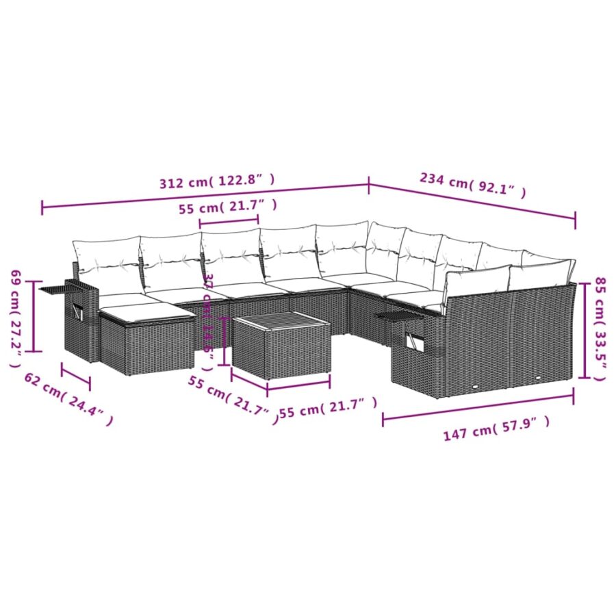 12-delige Loungeset met kussens poly rattan zwart - Afbeelding 3
