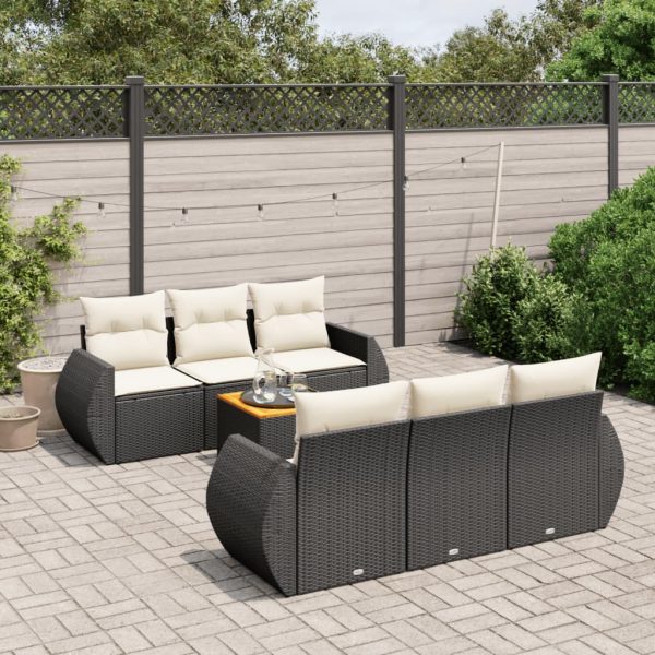 7-delige Loungeset met kussens poly rattan zwart