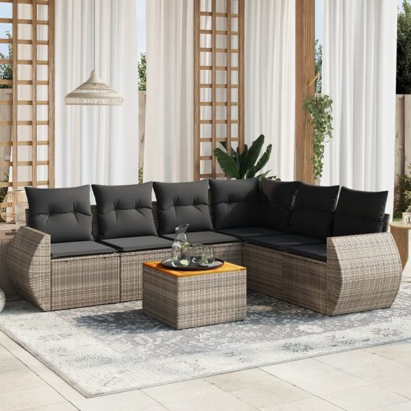 7-delige Loungeset met kussens poly rattan grijs