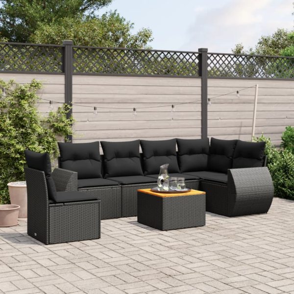 7-delige Loungeset met kussens poly rattan zwart