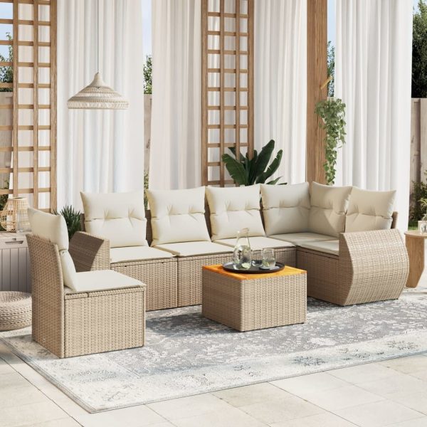 7-delige Loungeset met kussens poly rattan beige
