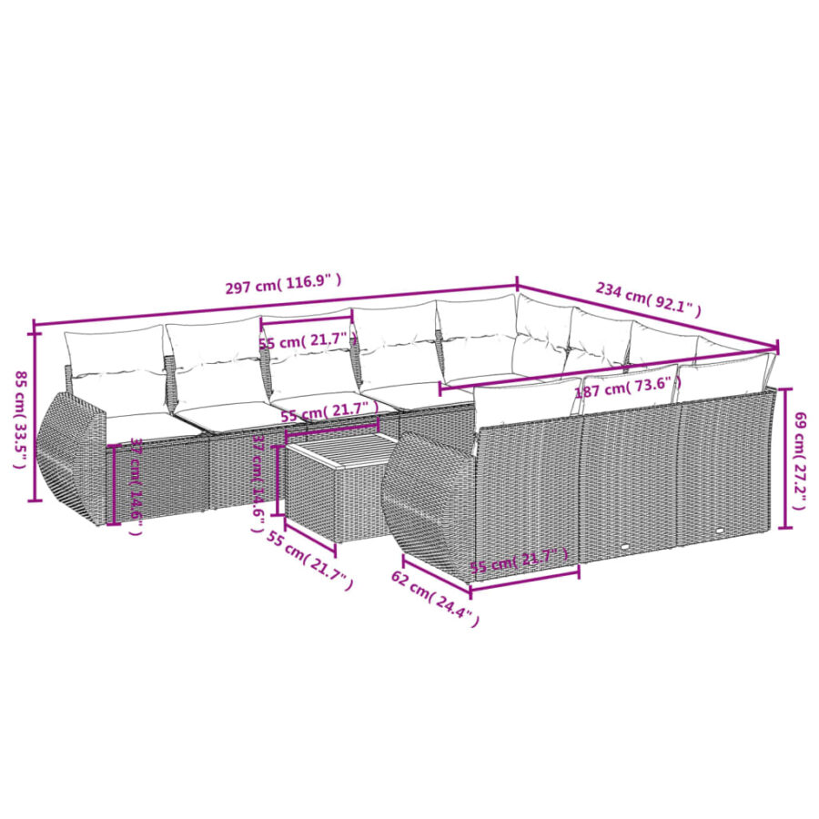 11-delige Loungeset met kussens poly rattan zwart - Afbeelding 3