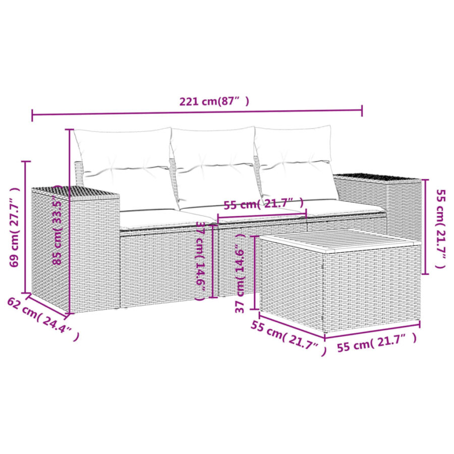 4-delige Loungeset met kussens poly rattan beige - Afbeelding 3