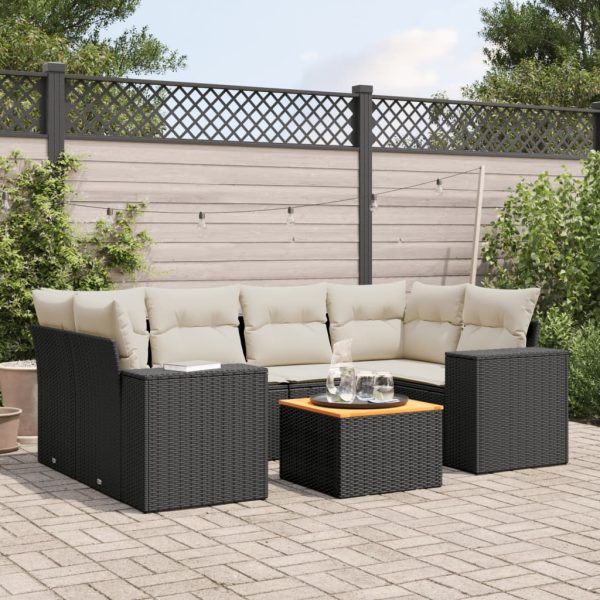 7-delige Loungeset met kussens poly rattan zwart