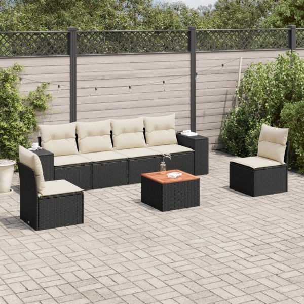 7-delige Loungeset met kussens poly rattan zwart