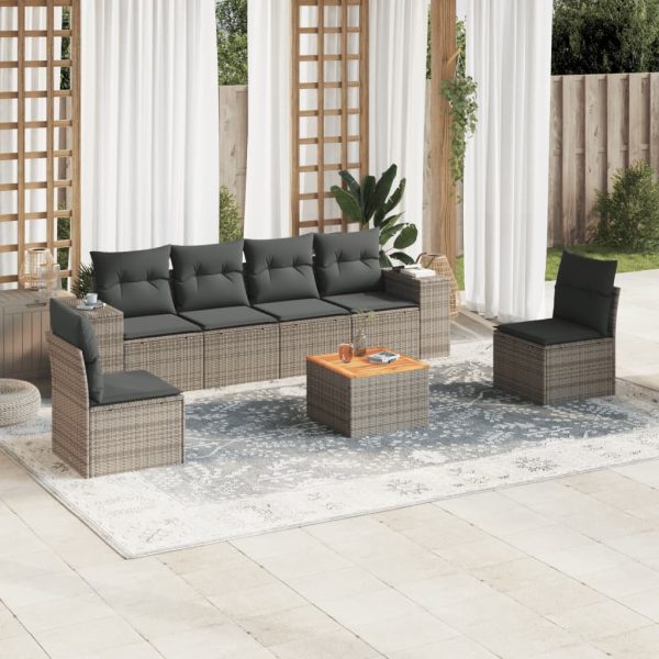 7-delige Loungeset met kussens poly rattan grijs