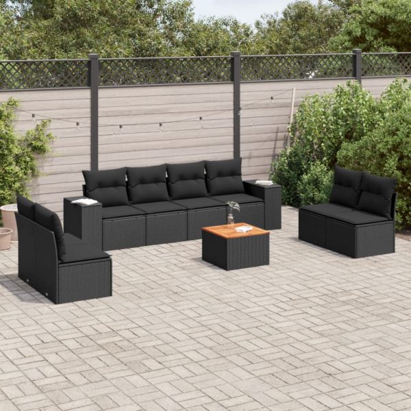 9-delige Loungeset met kussens poly rattan zwart