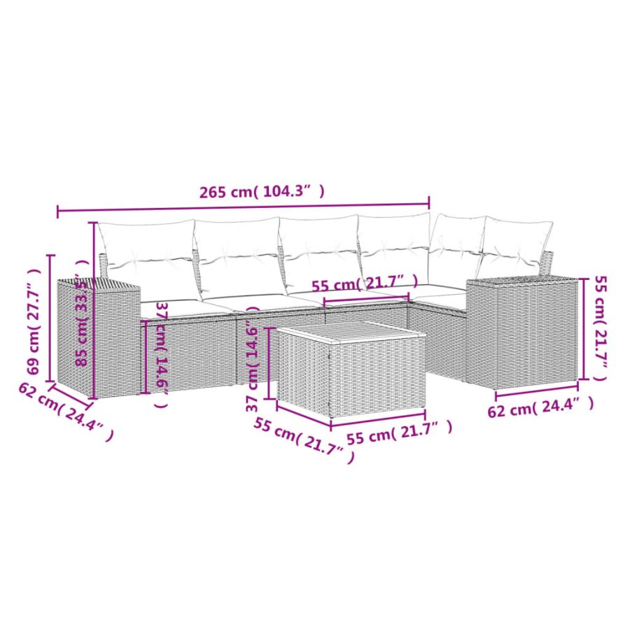 6-delige Loungeset met kussens poly rattan beige - Afbeelding 3