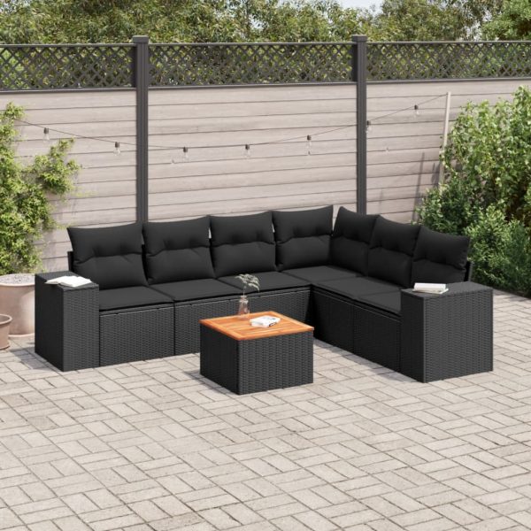 7-delige Loungeset met kussens poly rattan zwart