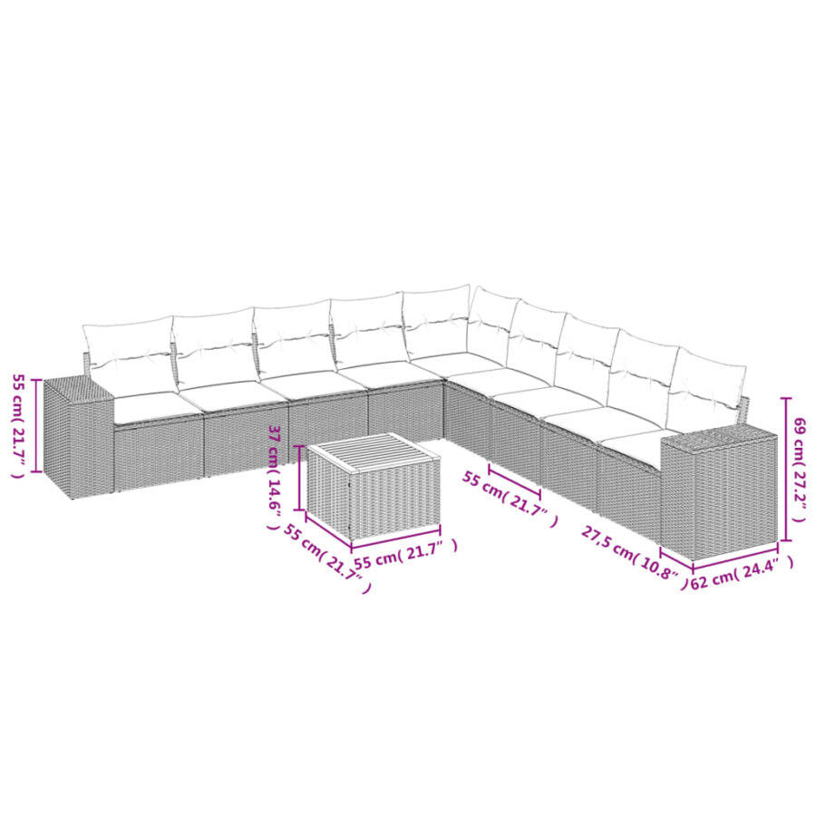 10-delige Loungeset met kussens poly rattan beige - Afbeelding 3