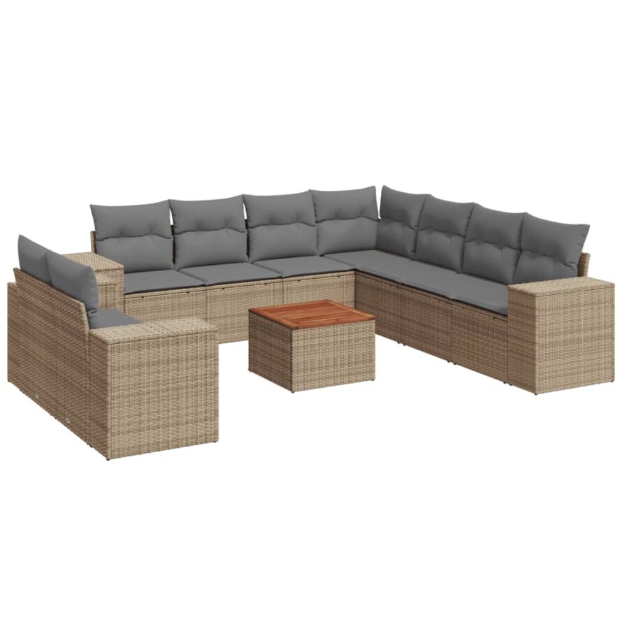 10-delige Loungeset met kussens poly rattan beige - Afbeelding 2