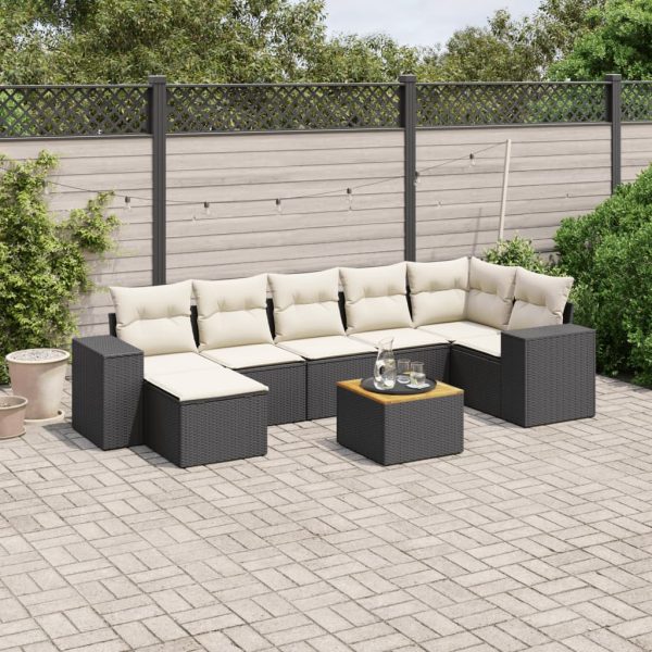 8-delige Loungeset met kussens poly rattan zwart