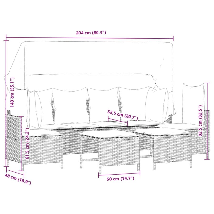 5-delige Loungeset met kussens poly rattan zwart - Afbeelding 7