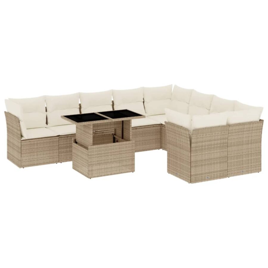 10-delige Loungeset met kussens poly rattan beige - Afbeelding 2
