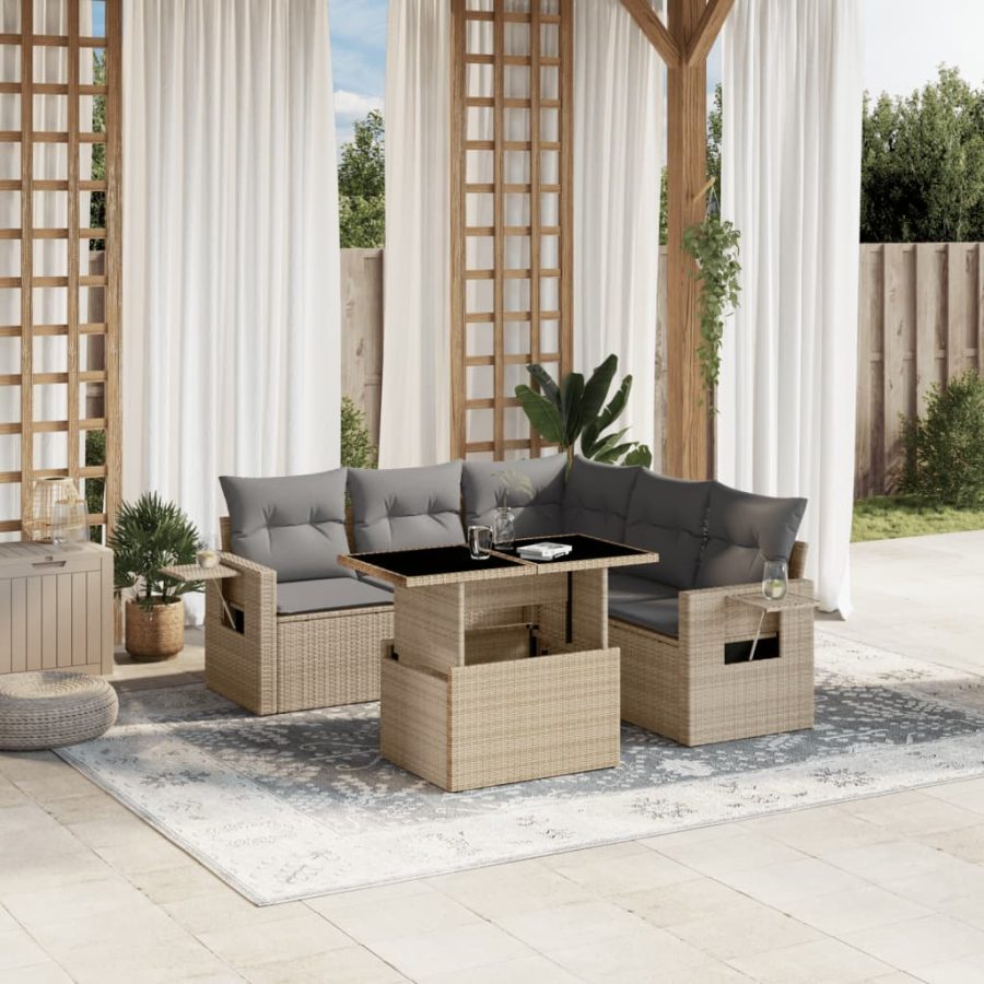6-delige Loungeset met kussens poly rattan beige