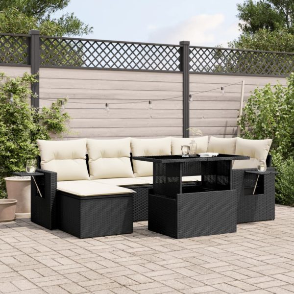 7-delige Loungeset met kussens poly rattan zwart