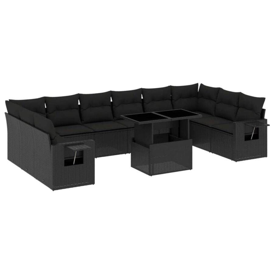 11-delige Loungeset met kussens poly rattan zwart - Afbeelding 2