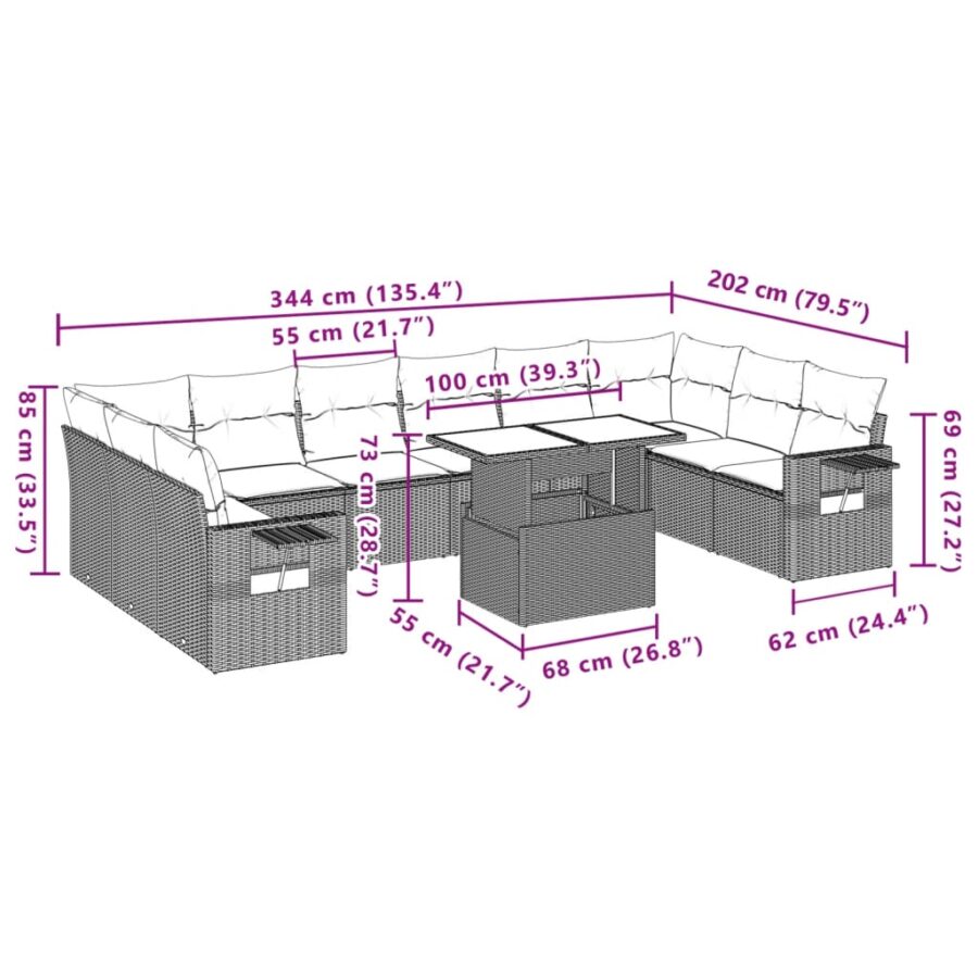 11-delige Loungeset met kussens poly rattan zwart - Afbeelding 11