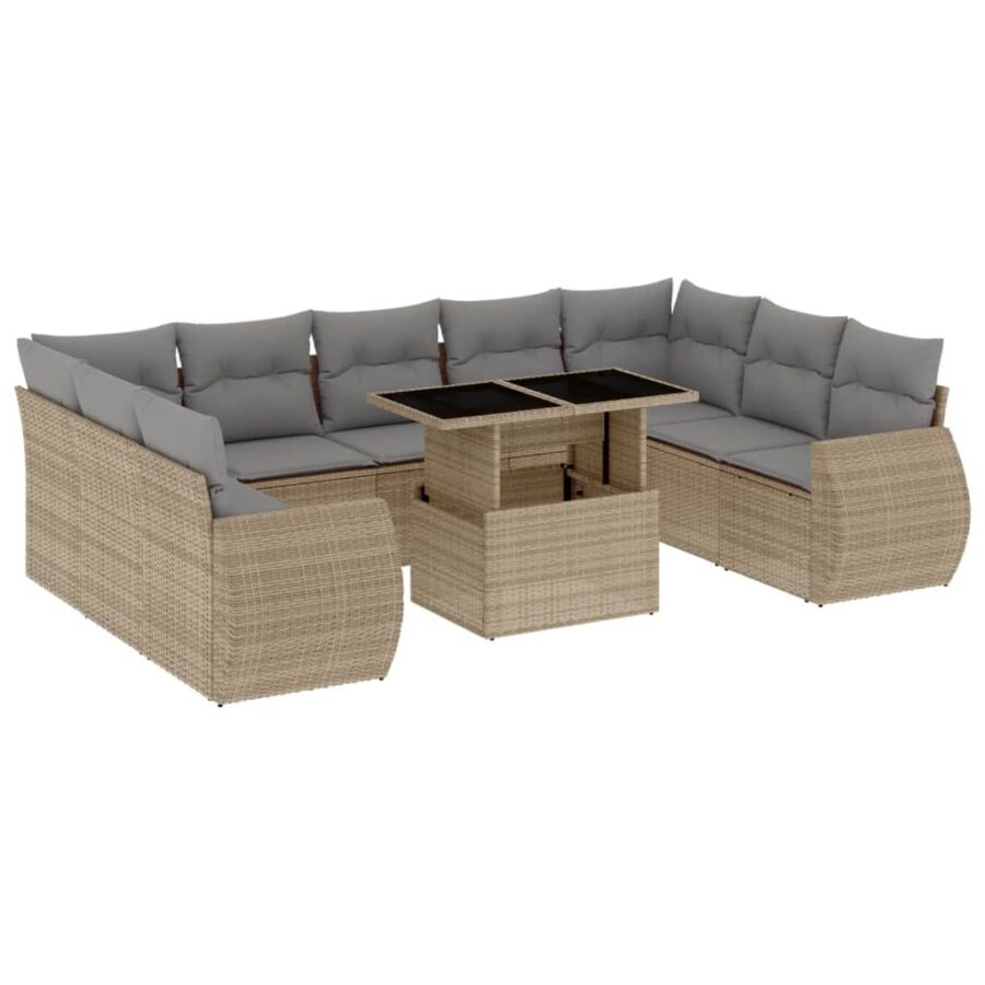 10-delige Loungeset met kussens poly rattan beige - Afbeelding 2