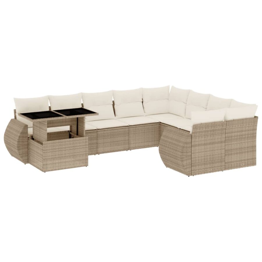 10-delige Loungeset met kussens poly rattan beige - Afbeelding 2