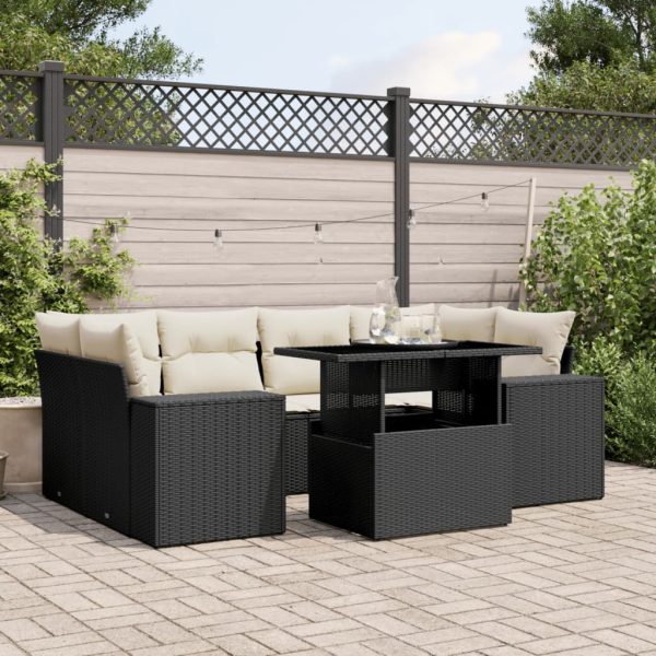 7-delige Loungeset met kussens poly rattan zwart