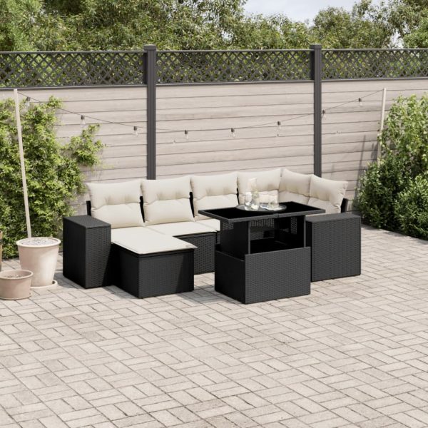 7-delige Loungeset met kussens poly rattan zwart