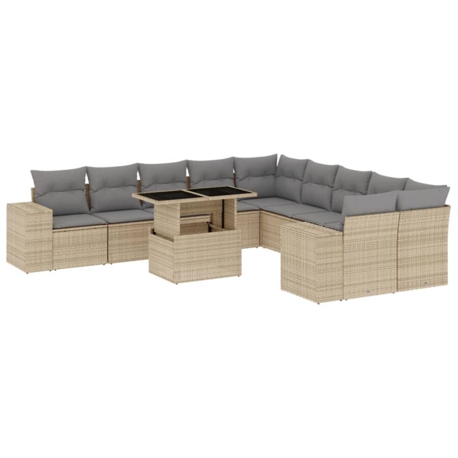 11-delige Tuinset met kussens poly rattan beige - Afbeelding 2