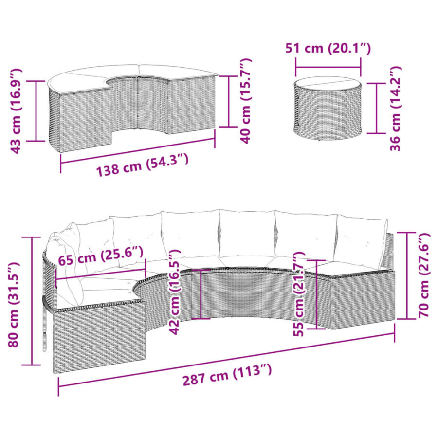 3-delige Loungeset halfrond poly rattan zwart - Afbeelding 12