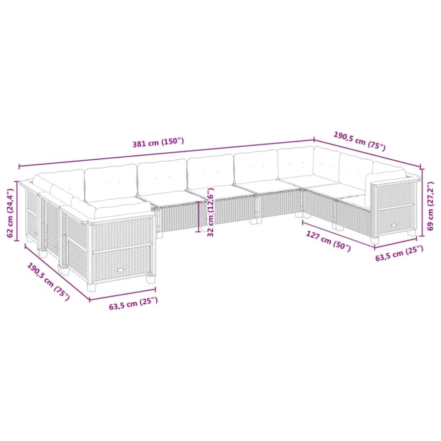 10-delige Loungeset met kussens poly rattan grijs - Afbeelding 6