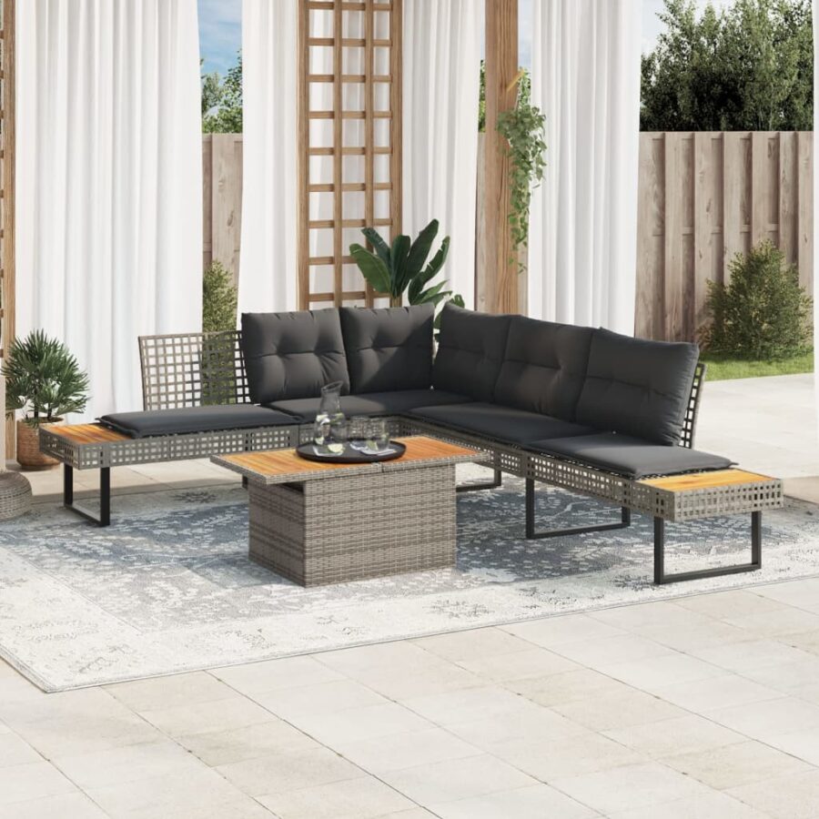 2-delige Loungeset met kussens poly rattan en acaciahout grijs - Afbeelding 2