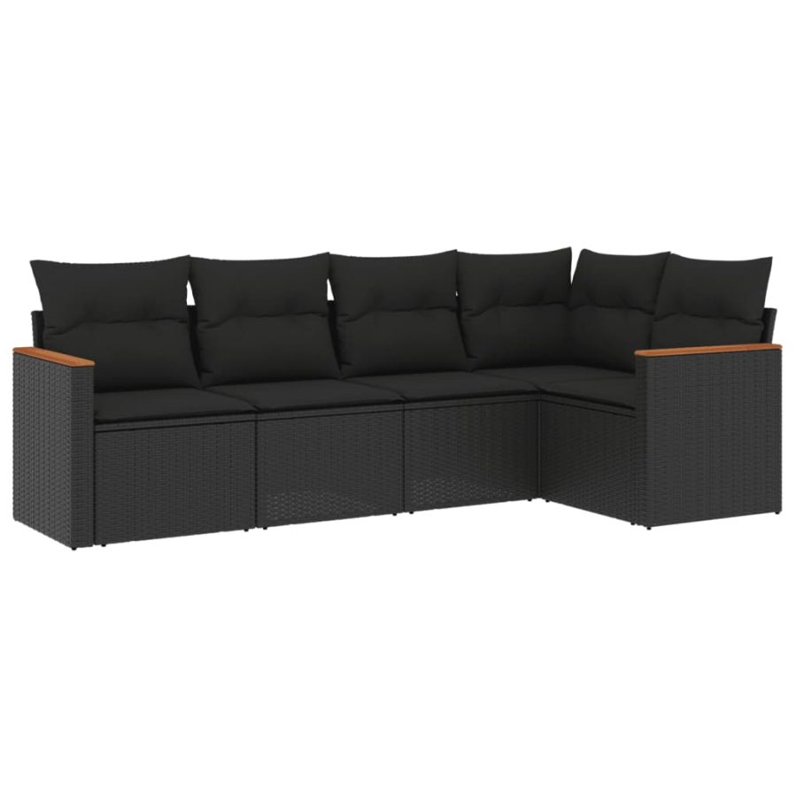 5-delige Loungeset met kussens poly rattan zwart - Afbeelding 2