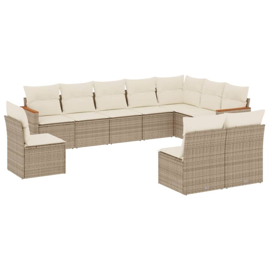 10-delige Loungeset met kussens poly rattan beige - Afbeelding 2