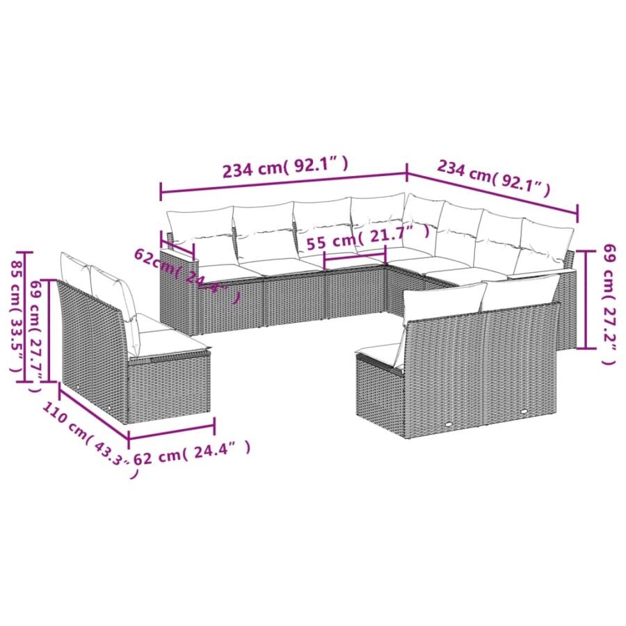 11-delige Tuinset met kussens poly rattan beige - Afbeelding 3