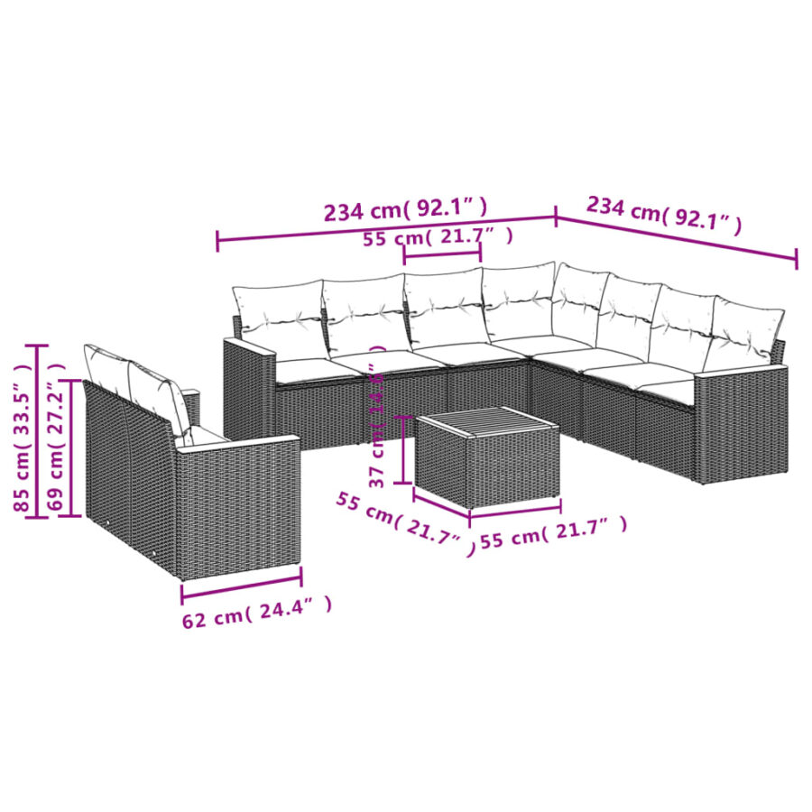 10-delige Loungeset met kussens poly rattan zwart - Afbeelding 3