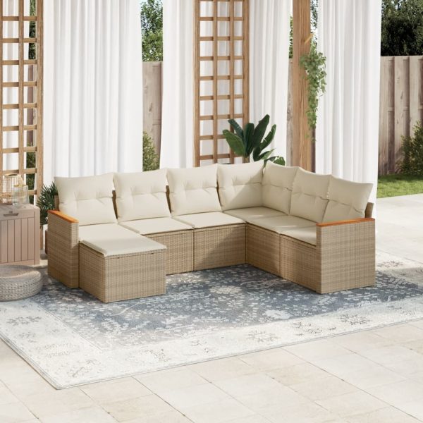 7-delige Loungeset met kussens poly rattan beige