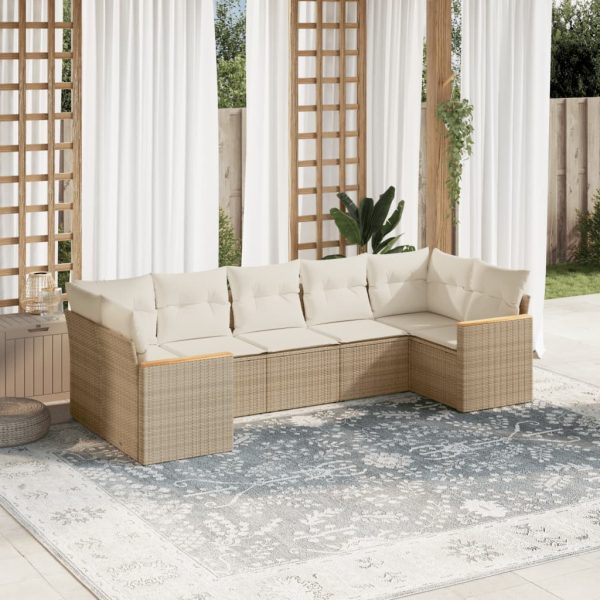7-delige Loungeset met kussens poly rattan beige