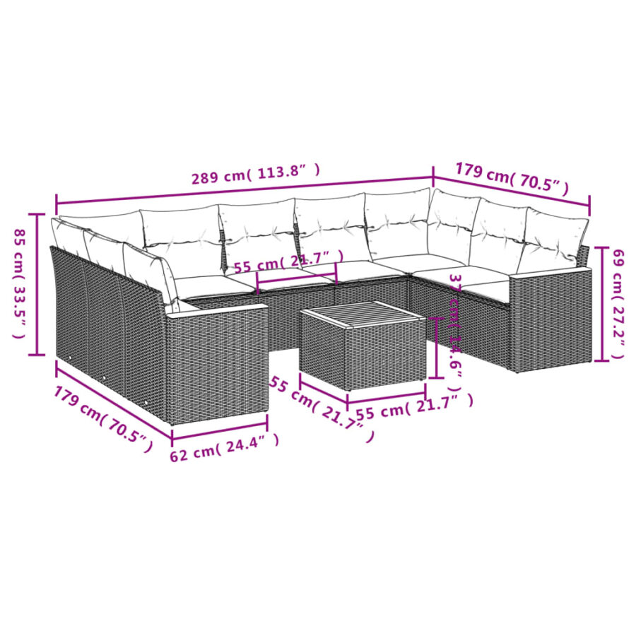10-delige Loungeset met kussens poly rattan zwart - Afbeelding 3