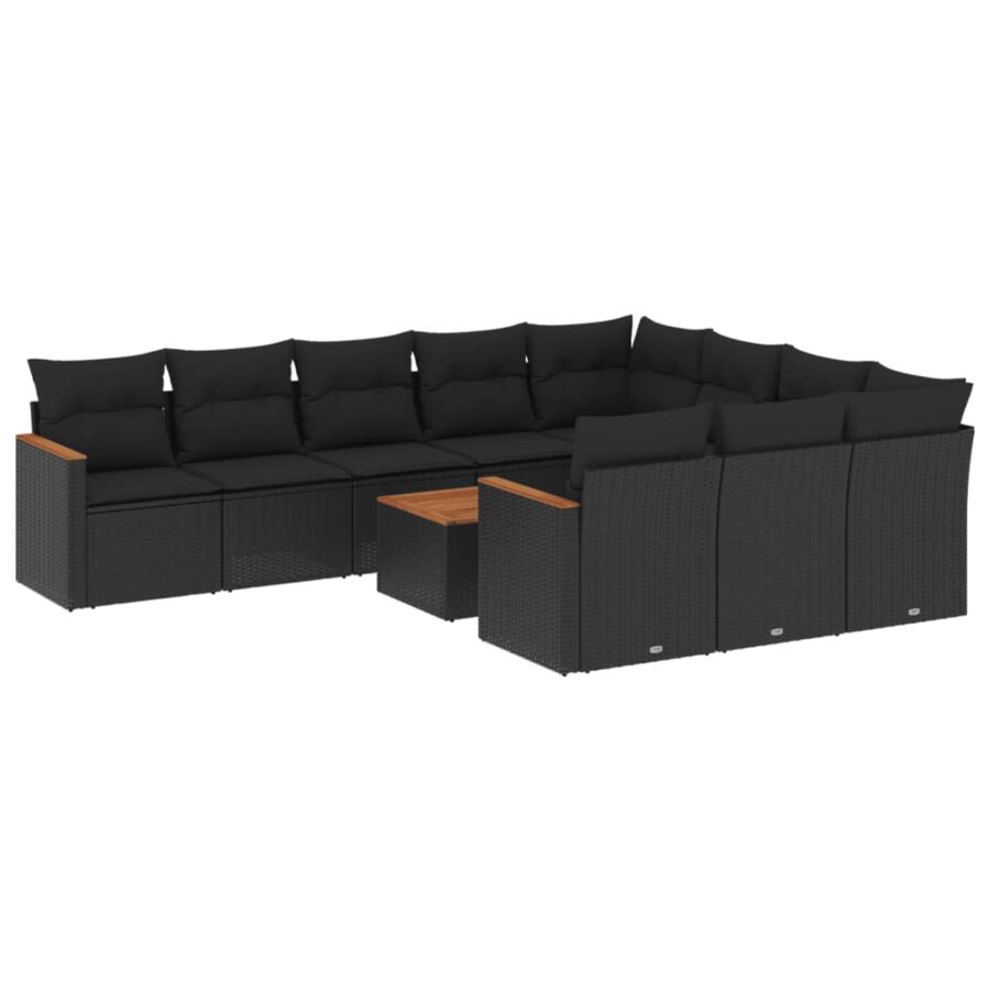 11-delige Loungeset met kussens poly rattan zwart - Afbeelding 2