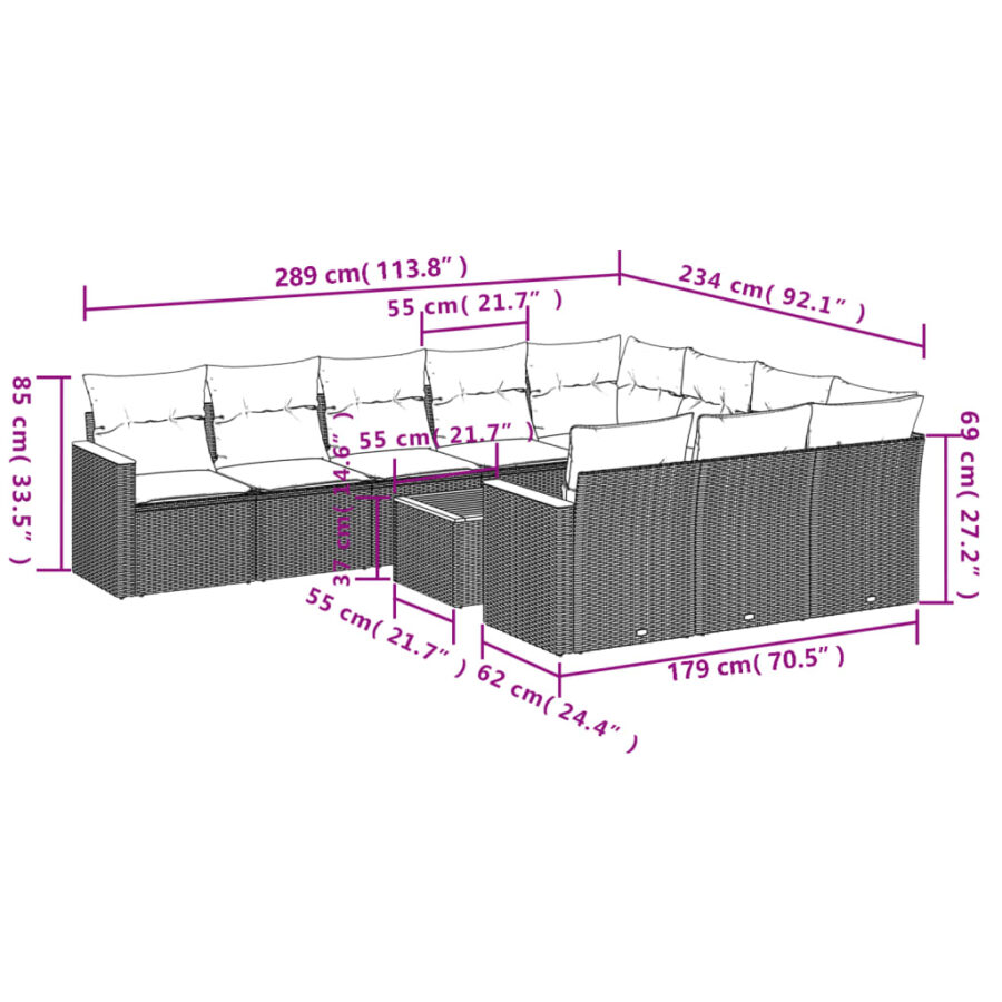 11-delige Loungeset met kussens poly rattan zwart - Afbeelding 3