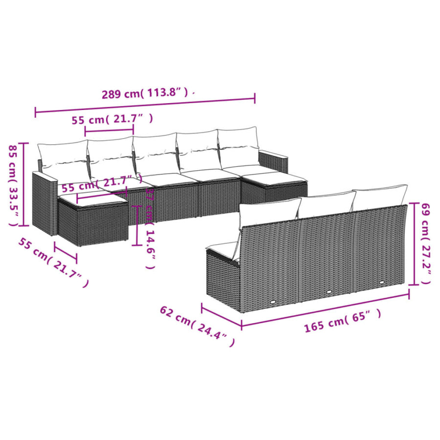 10-delige Loungeset met kussens poly rattan grijs - Afbeelding 3