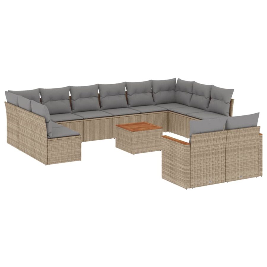 13-delige Loungeset met kussens poly rattan beige - Afbeelding 2